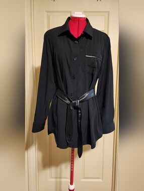 Calvin Klein Black Button-Down Shirt Dress/Tunic with Faux Leather Trim & Belt